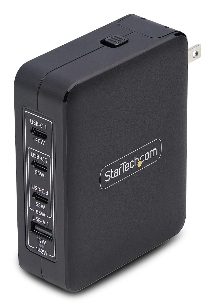 140W GaN USB-C wall charger with multiple PD voltage profiles (5V/9V/12V/15V/20V at up to 5A) and