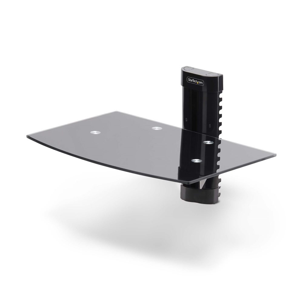 Floating wall-mount AV shelf is 5mm thick black tempered glass with an unobstructed surface