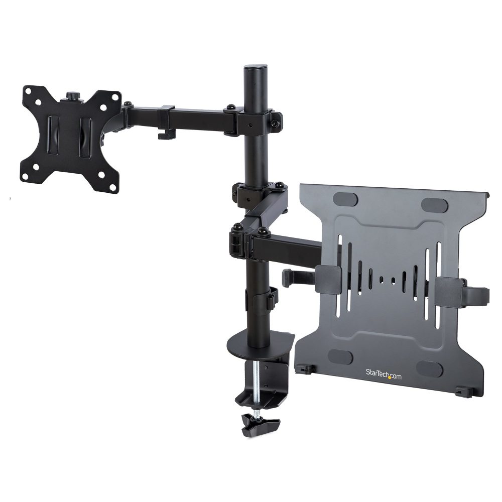MONITOR ARM AND VESA LAPTOP TRAY: Mount a laptop and display up to 32" with basic adjustability