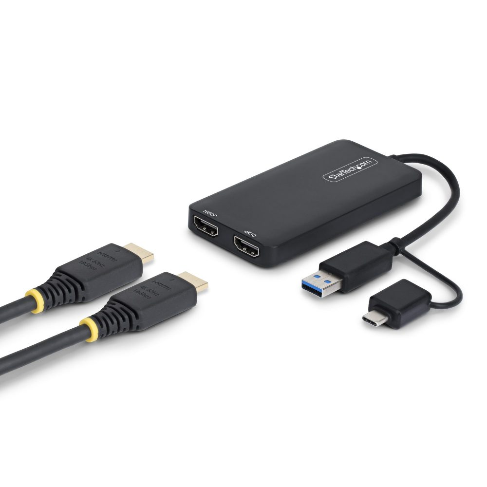 USB to Dual HDMI Adapter adds dual displays (1x 4K 30Hz + 1x 1080p) to a laptop