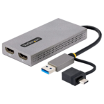 USB to Dual HDMI Adapter connects up to 2x HDMI monitors (1x 4K 30Hz + 1x 1080p) to a computer
